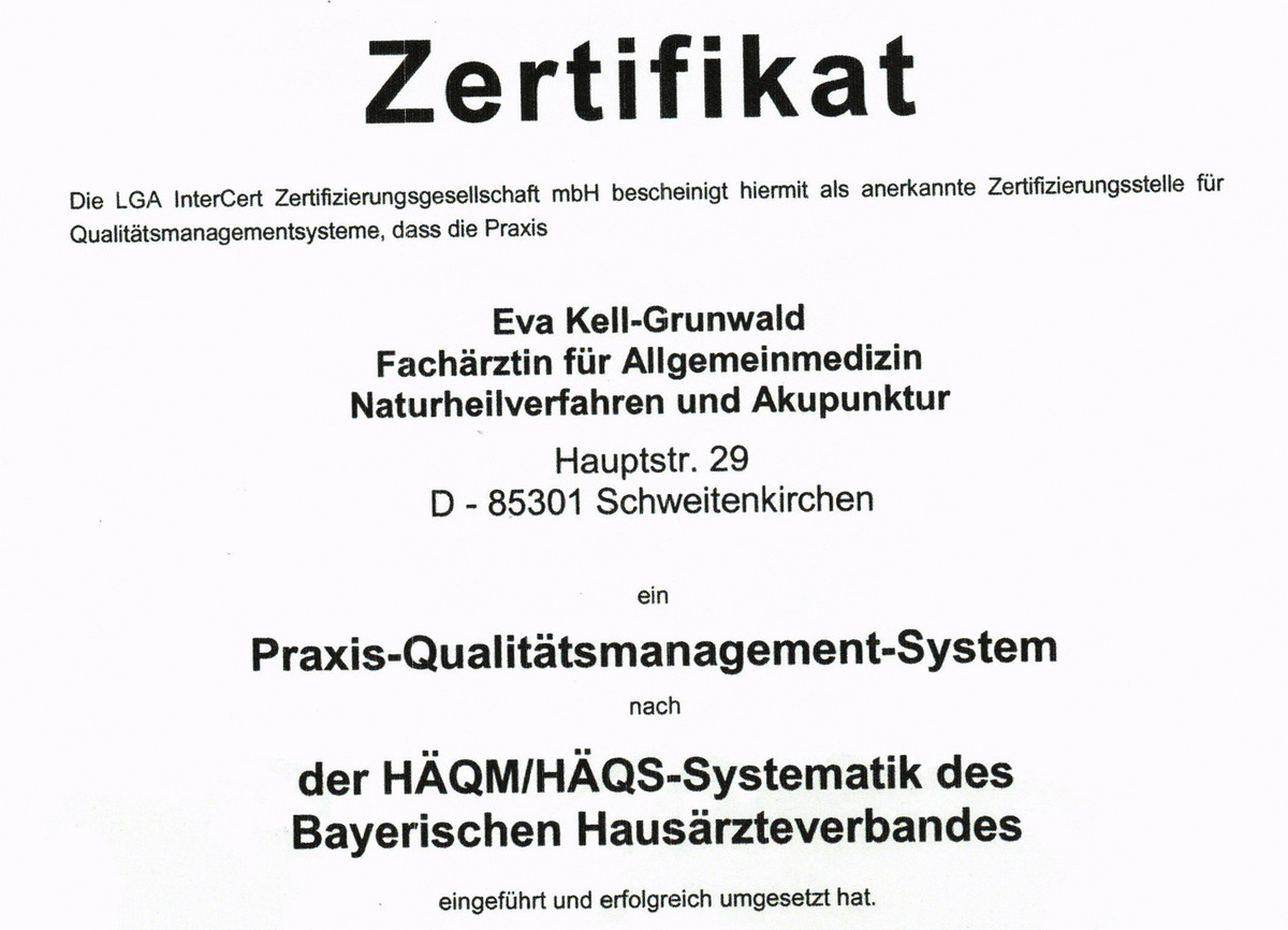 Zertifikat für das Praxis-Qualitätsmanagement-System | Praxis Eva Kell-Grunwald